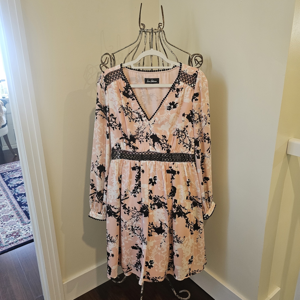 Sam Edelman Pink and Black Floral Long-Sleeve V-Neck Dress
